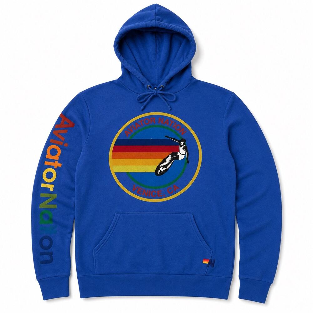 Aviator Nation Rainbow Logo Blue Hoodie XL Made in USA Venice CA